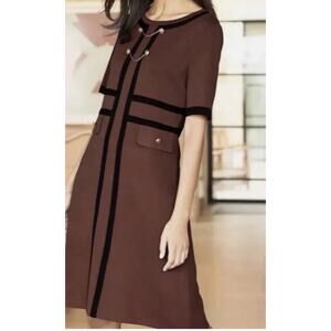 Ming Wang Women’s Auburn Brown Contrast Trim Short Sleeve Dress W/Buttons XS NWT